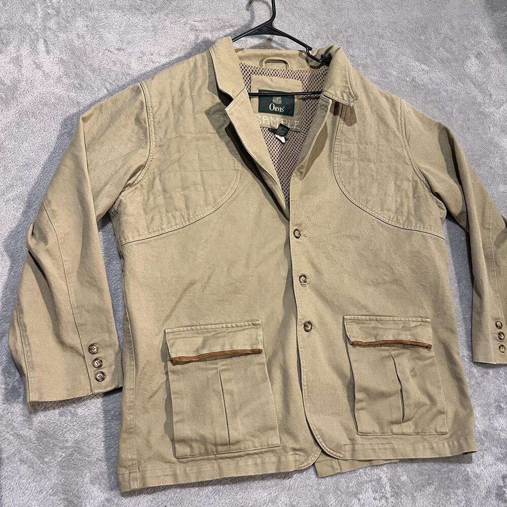Vintage Orvis Jacket Mens Large Tan Cotton Canvas Field Coat Hong Kong 90s - Picture 2 of 11